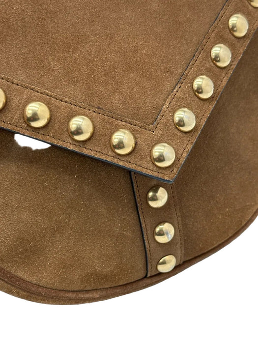 Saint Laurent Tan Brown Suede Gold Studs Flap Satchel Crossbody Strap Bag