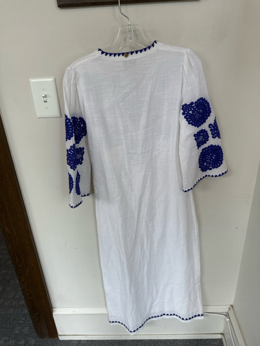Antik Batik Size XS White & Navy Cotton Long Sleeve Embroidered Flowers Dress