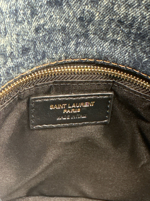 Saint Laurent Blue & Brown Textile Quilted Gold Logo Magnetic Flap Bag