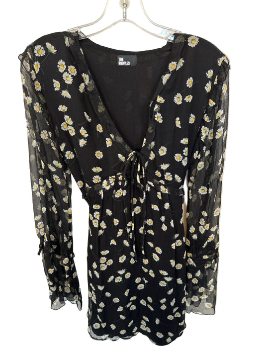 The Kooples Size 1/S Black & Yellow Silicone Long Balloon Sleeve Daisies Dress