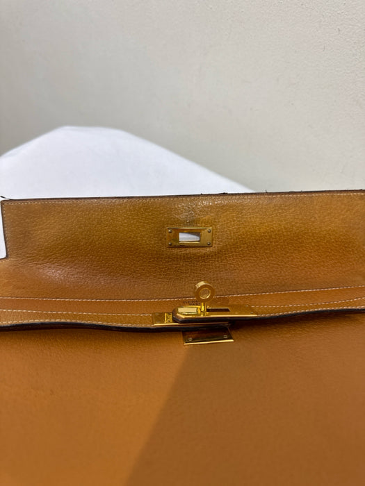 Hermes Tan Leather Gold hardware Top Handle Crossbody Strap Vintage Bag