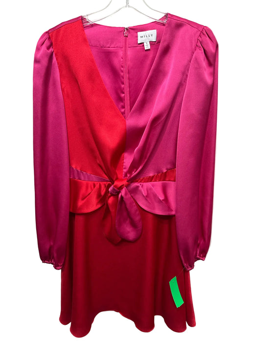 Milly Size 8 Red & Pink Polyester Satin Color Block Long Puff Sleeve Mini Dress