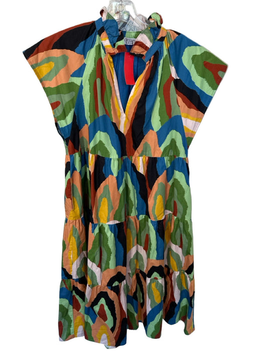 Crosby Size Est S Green & Blue Cotton Cap Sleeve Abstract Ruffle collar Dress