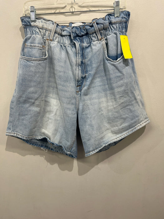 Frame Size M Light Wash Cotton Denim High Waist Paper Bag Waist Ruffle Shorts