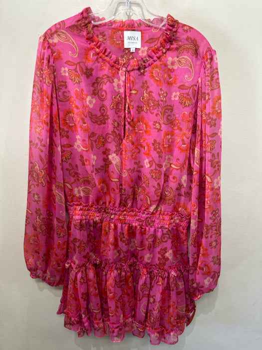 Misa Size L Pink & Orange Polyester Long puff sleeve Floral Print Mini Dress