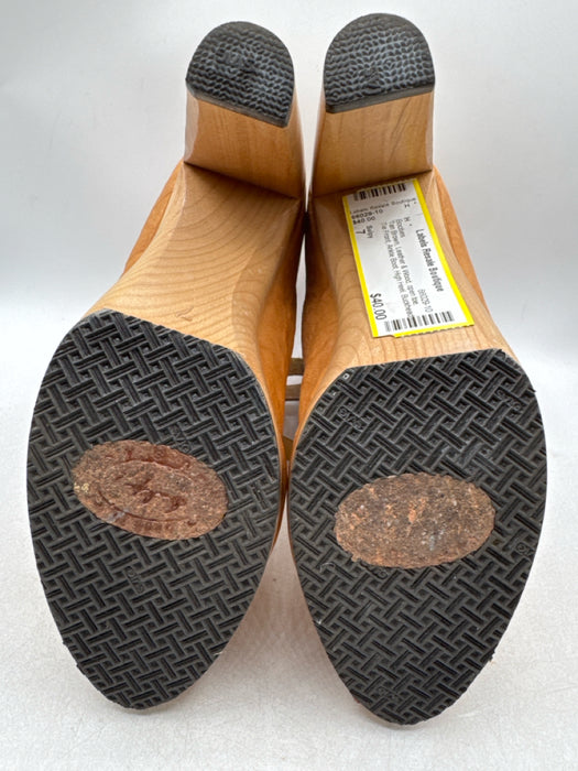 Salpy Shoe Size 7 Tan Brown Leather & Wood open toe Tie Front Ankle Boot Booties