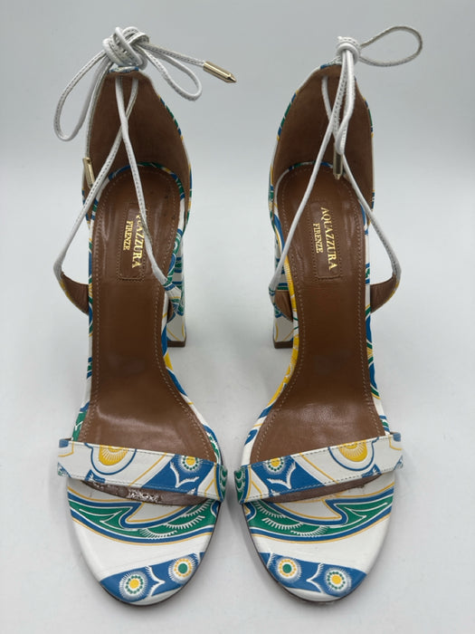 Aquazzura Shoe Size 37 White Blue & Yellow Leather open toe Paisley Pumps