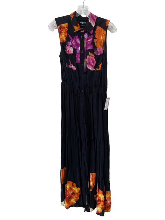 Desigual Size S Black & Multi Viscose Sleeveless Button Front Collared Dress