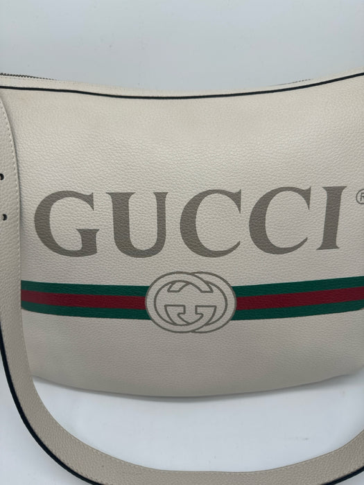 Gucci White, Red & Green Pebbled Leather Crossbody Strap Half Moon Logo Hobo Bag