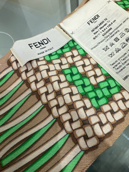 Fendi Beige, Brown, Green Silk Monogram Geometric Twilly scarf