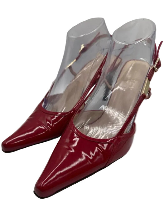 Gucci Shoe Size 40C Red Patent Leather Pointed Toe Gold Hardware Slingback Pumps