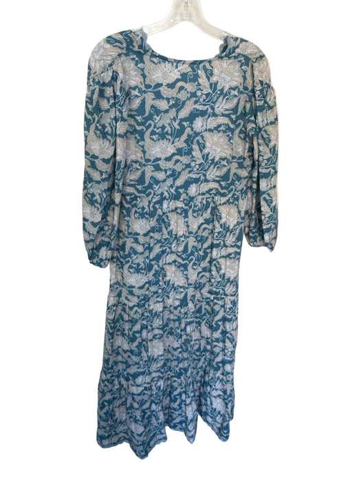 Bindu Size S Teal & Tan Cotton Long Balloon Sleeve Botanical Maxi Dress