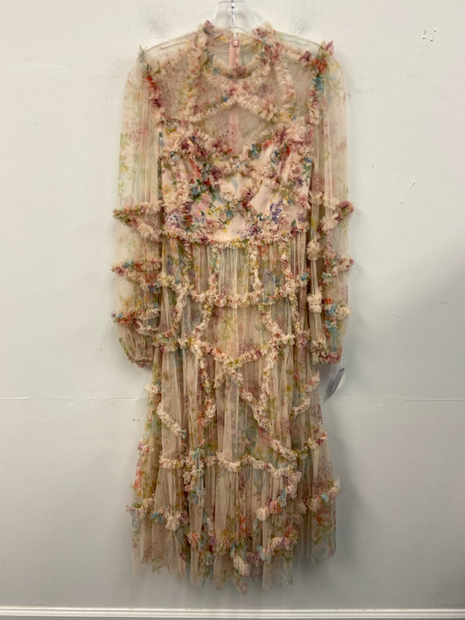 Needle & Thread Size 6 Pink & Multi Nylon Mesh Overlay Zip Back Midi Dress