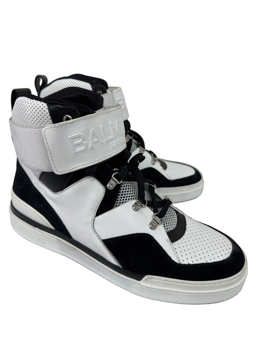 Balmain Shoe Size 46 White & Black Leather Two Tone High Top Sneaker Men's Shoes