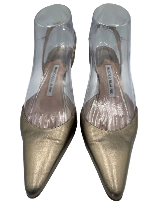 Manolo Blahnik Shoe Size 36.5 Gold Leather Pointed Toe Midi Heel Slingback Pumps