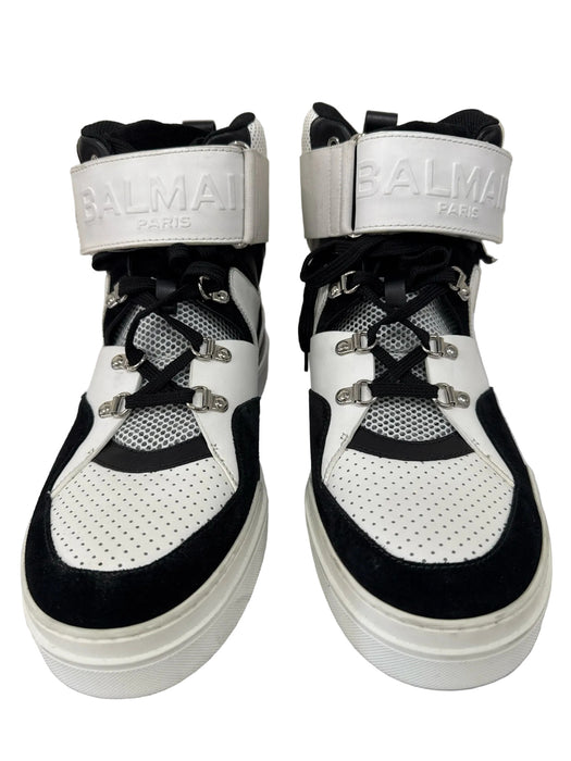 Balmain Shoe Size 46 White & Black Leather Two Tone High Top Sneaker Men's Shoes
