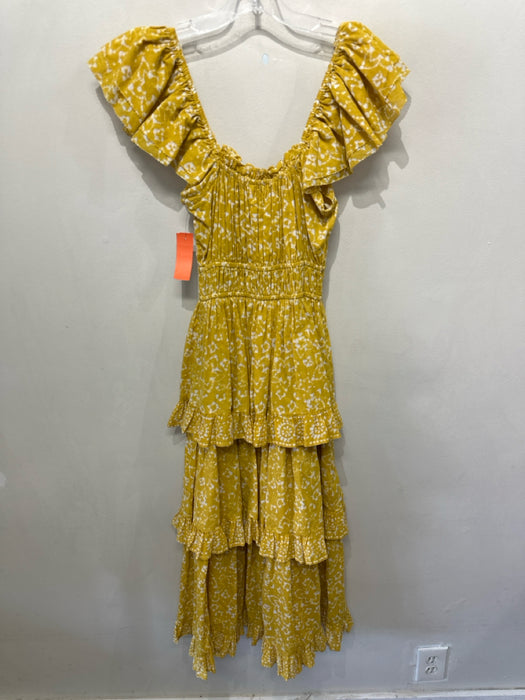 Cleobella Size XS Yellow & Cream Organic Cotton Ruffle Elastic Waist Maxi Dress