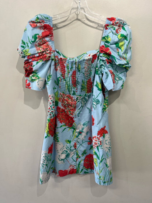 Cara Cara Size L Blue, Green, Red Cotton Smocked Back Floral Square Neck Dress