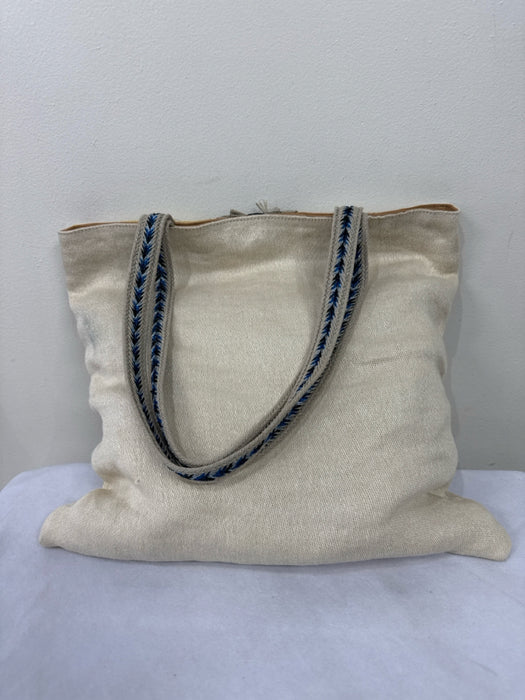 Claramonte Beige, Yellow, Blue Raffia Top Handle Fringe Embroidered Tote Bag