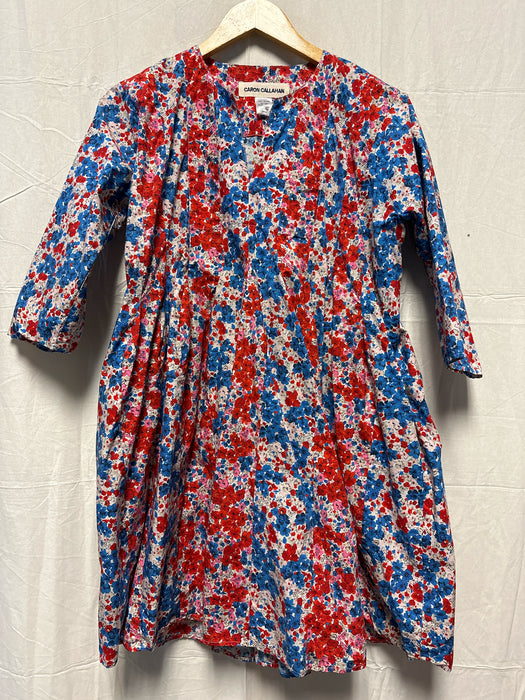 Caron Callahan Size S Red & Blue Cotton 3/4 Sleeve Flowers Baby Doll Dress