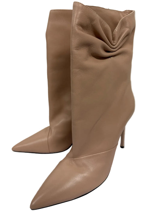 Schutz Shoe Size 8.5 Tan Brown Leather Pointed Toe Ruched Stiletto Boots