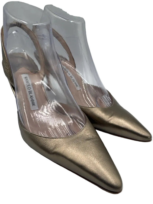 Manolo Blahnik Shoe Size 36.5 Gold Leather Pointed Toe Midi Heel Slingback Pumps