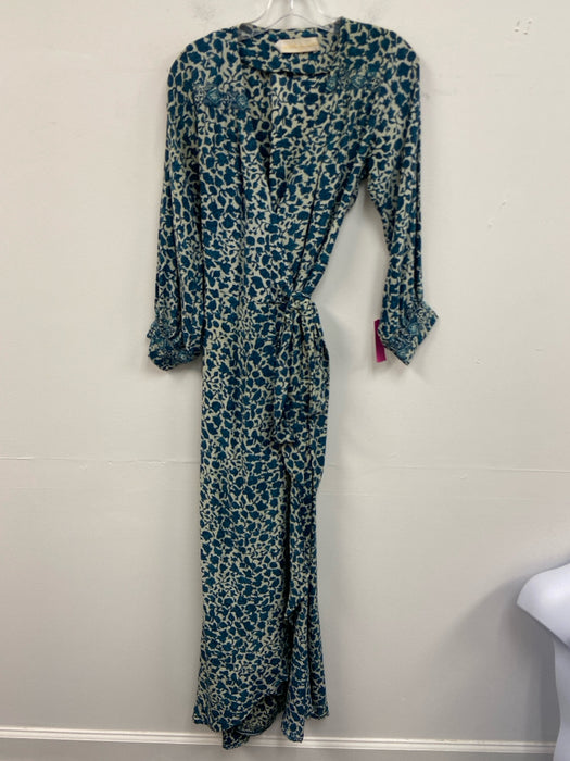 Natalie Martin Size XS White & Blue Silk Long Sleeve All Over Print Wrap Dress