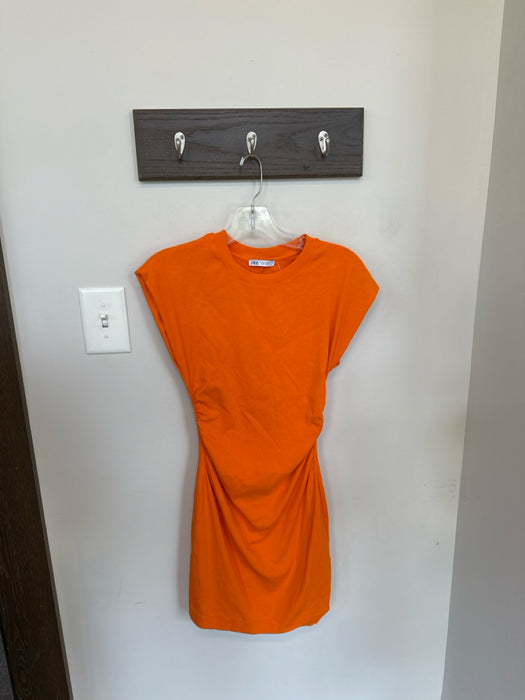 Zara Size S Orange Cotton Blend Scrunch Detail Cap Sleeve Round Neck Mini Dress