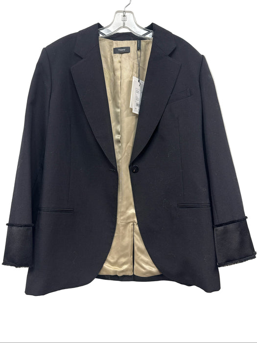 Theory Size 12 Black Wool One Button Darted Welt Pocket Cuff Detail Jacket