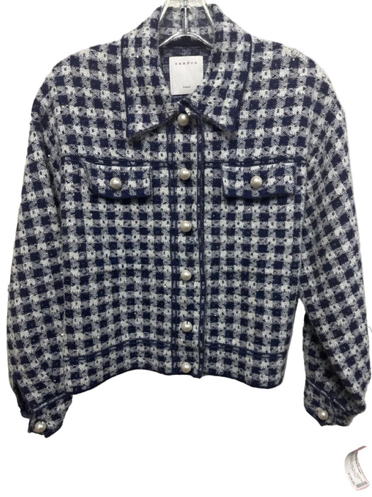 Sandro Size 0 Navy Blue & White Cotton Blend Knit Sequined Checkered Jacket