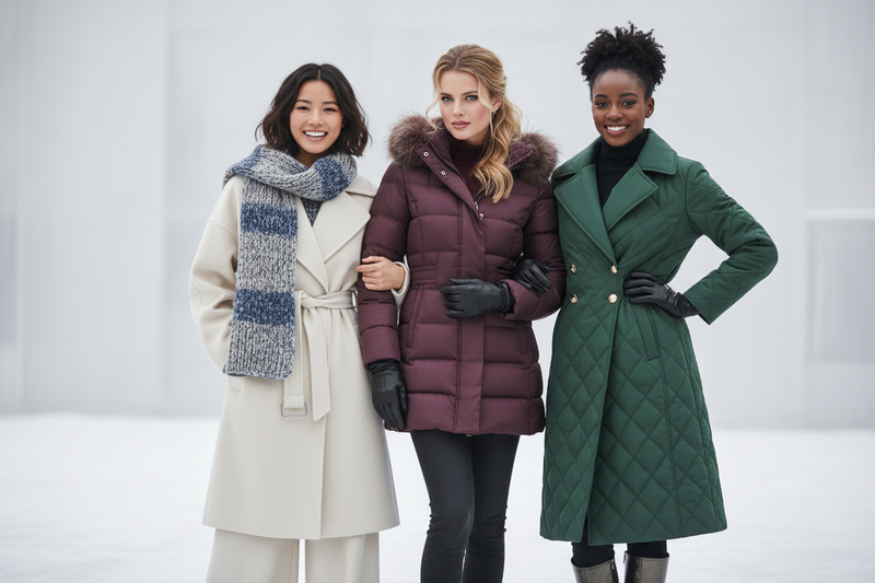 asian girl white girl black girl wearing winter coats
