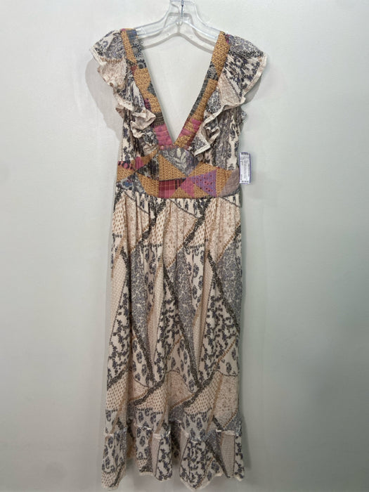 Let Me Be Size S Beige & Multi Cotton Floral V Neck & Back Maxi Dress