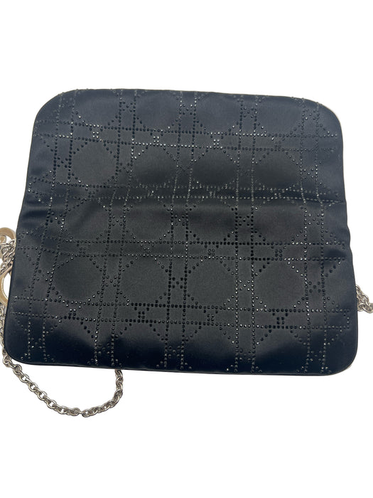 Christian Dior Black Satin Rhinestone Silver Hardware Logo Clutch Bag