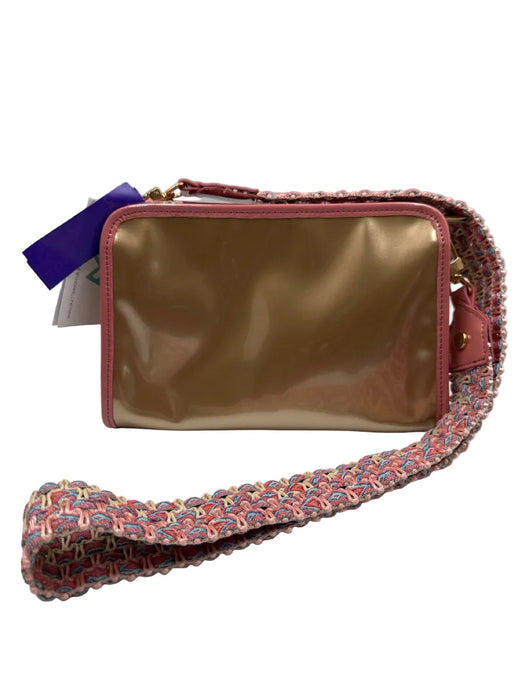 Kelly Wynne Gold, Pink, Blue Rubber Woven Strap Metallic Zip Top Shoulder Bag
