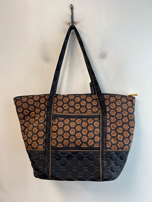Cinda B Black & Brown Fabric 2 Handles All Over Print Top Zip Bag