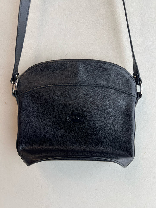 Longchamp Black Leather Silver Hardware Zip Close Pebbled Cross Body Bag