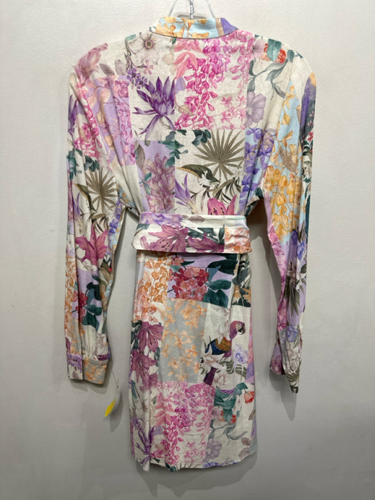 Zara Size Medium Pink, Purple, Green Linen Blend Long Sleeve Floral Dress