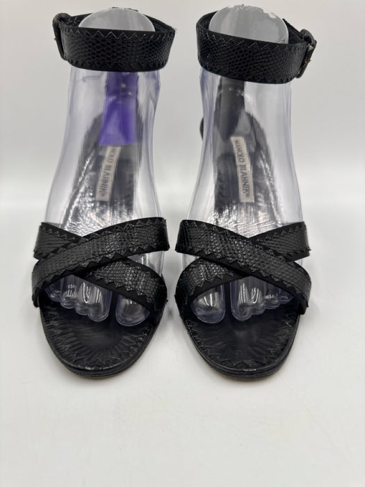 Manolo Blahnik Shoe Size 37 Black Leather Upper Snakeskin Embossed Sandals