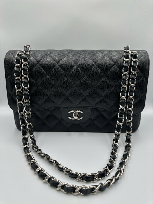 Chanel Black Caviar Leather Chain Strap Quilted Double Flap Silver hardware Bag