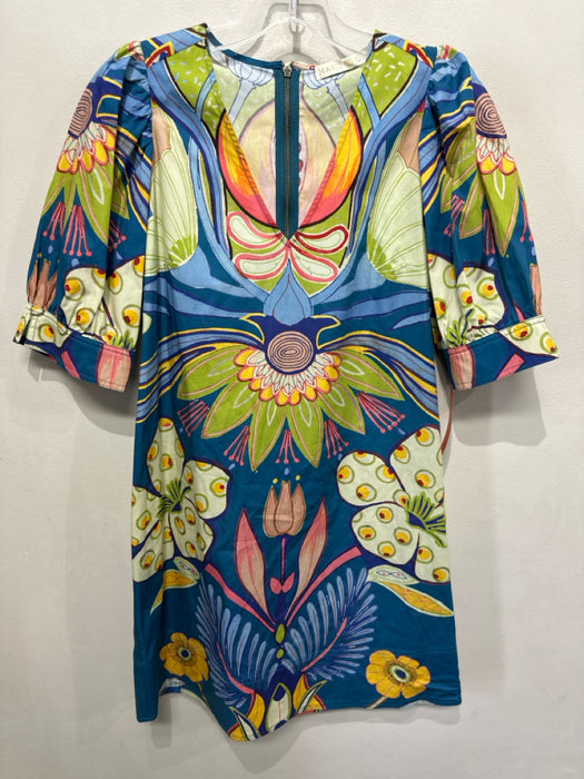 Marie Oliver Size XS Blue, Green & Yellow Cotton Short Puff Sleeve Floral Dress