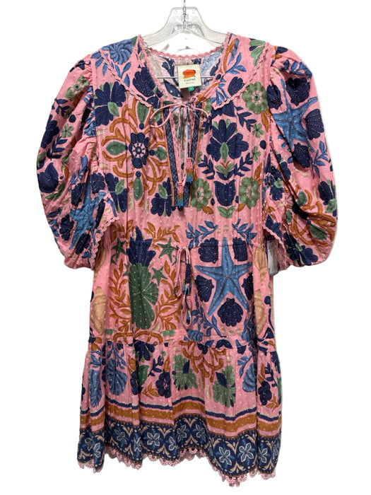 Farm Rio Size L Pink, Blue, Green Cotton Short Puff Sleeve Aquatic Dress