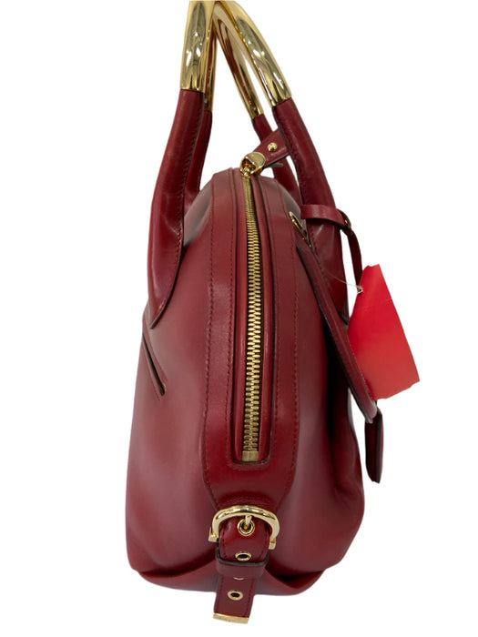 Salvatore Ferragamo Red & Gold Leather 2 Handles Gold Hammered Ring Bowler Bag