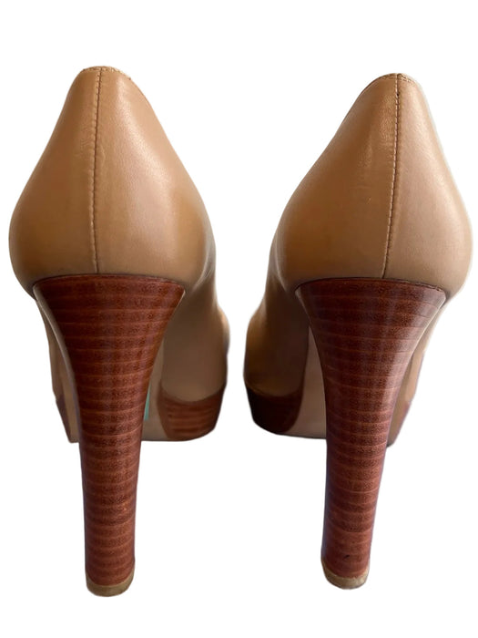 Stuart Weitzman Shoe Size 9 Tan Leather Peep Toe Cross Over Slip On Shoes