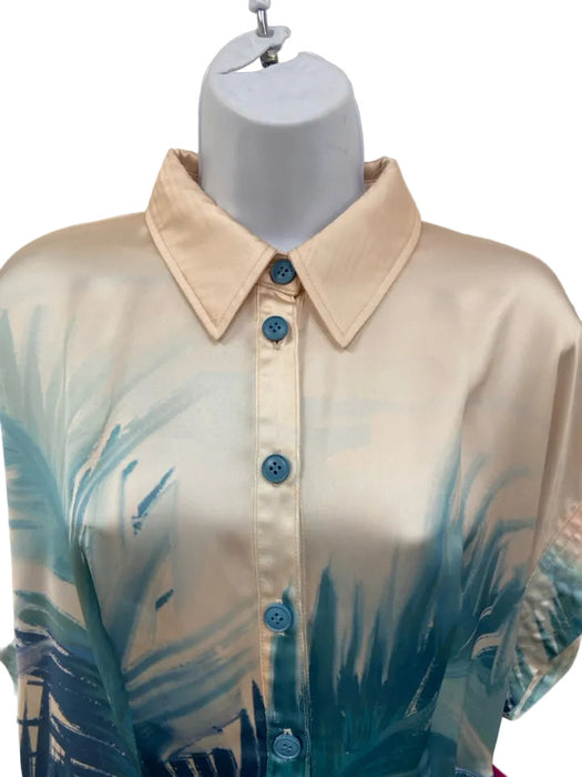 Leo Lin Size 10 Blue & Peach Viscose Short Sleeve Abstract Print Buttons Dress