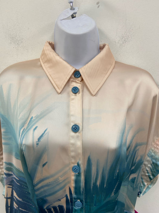 Leo Lin Size 10 Blue & Peach Viscose Short Sleeve Abstract Print Buttons Dress