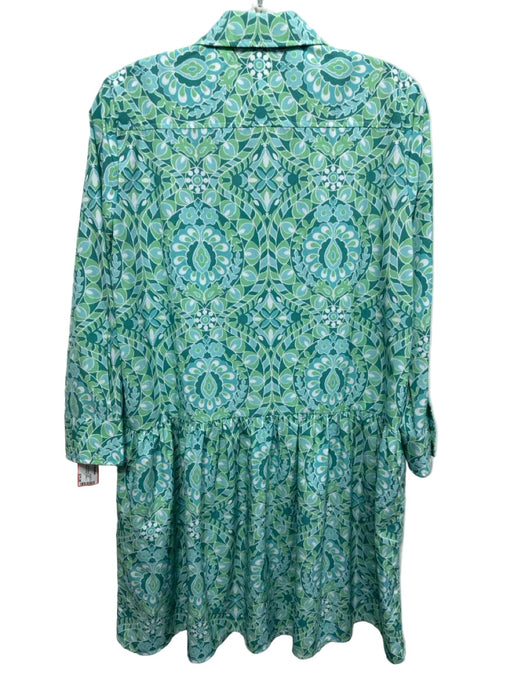 Tuckernuck Size S Green, Blue & White Poly Blend 1/2 Button 3/4 Sleeve Dress