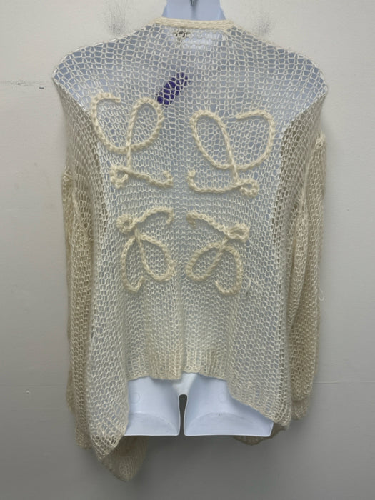 Loewe Size L Cream Mohair Blend Open Knit Back Logo Twist Detail Cardigan