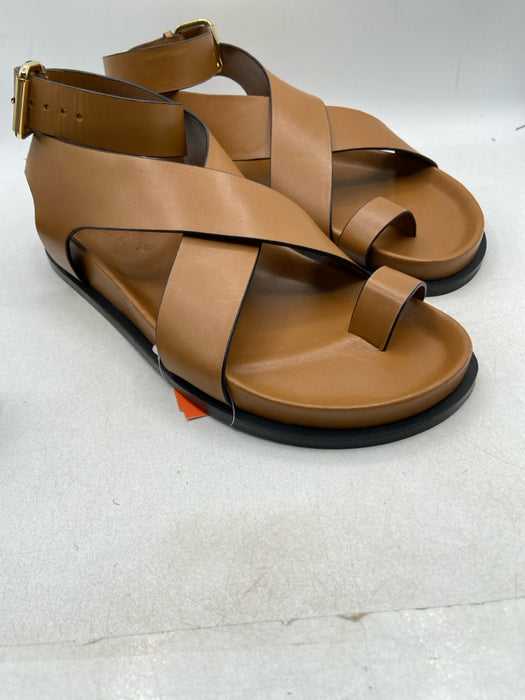 A.Emery Shoe Size 38 Tan Leather Criss Cross Gold Buckle Ankle Strap Sandals