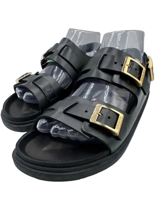 Birkenstock Shoe Size 38 Black Leather Gold hardware Buckle Strap Sandals