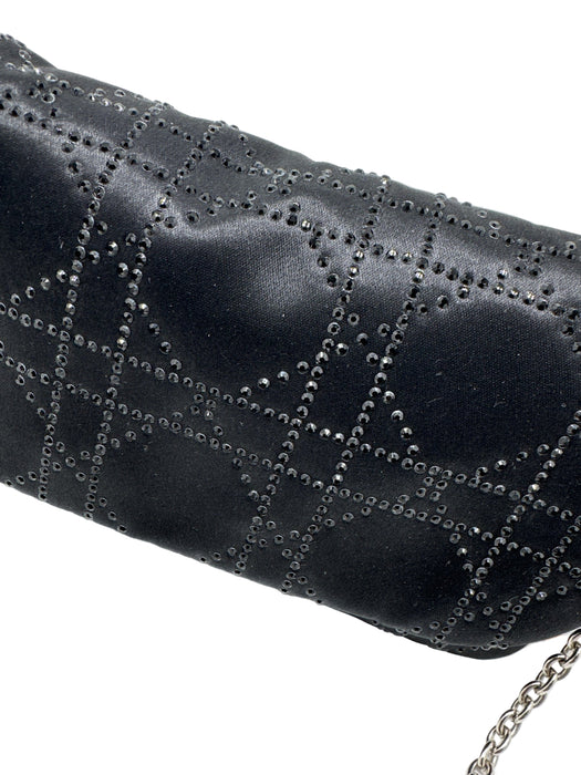 Christian Dior Black Satin Rhinestone Silver Hardware Logo Clutch Bag